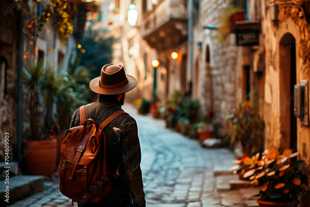 A male traveler, viewed from behind, strolling through the historical streets of a city. Captures the essence of vacation travel.