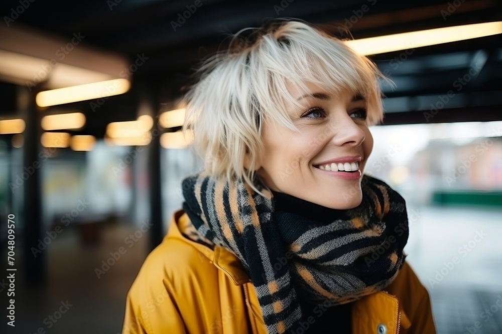 Portrait of a beautiful young woman with short blond hair wearing yellow coat and scarf Portrait of a beautiful young woman with short blond hair wearing yellow coat and scarf