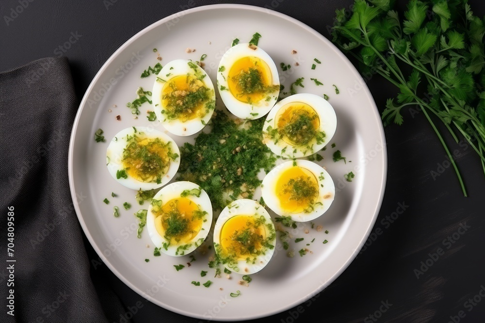 Hard-Boiled Eggs with Parsley on a White Plate