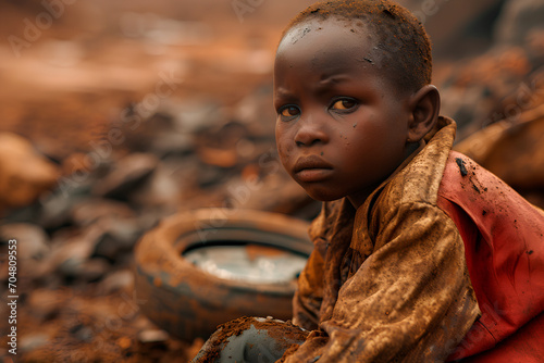Conceptual image of an African child suffering in inhumane mining conditions. Cobalt mining photo