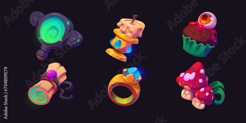 Wizard or magician game cartoon icons set. Vector magic witch staff - fantasy glow mirror and candle, cupcake with eye on top and poisonous mushrooms, scroll of ancient paper and ring with gem.