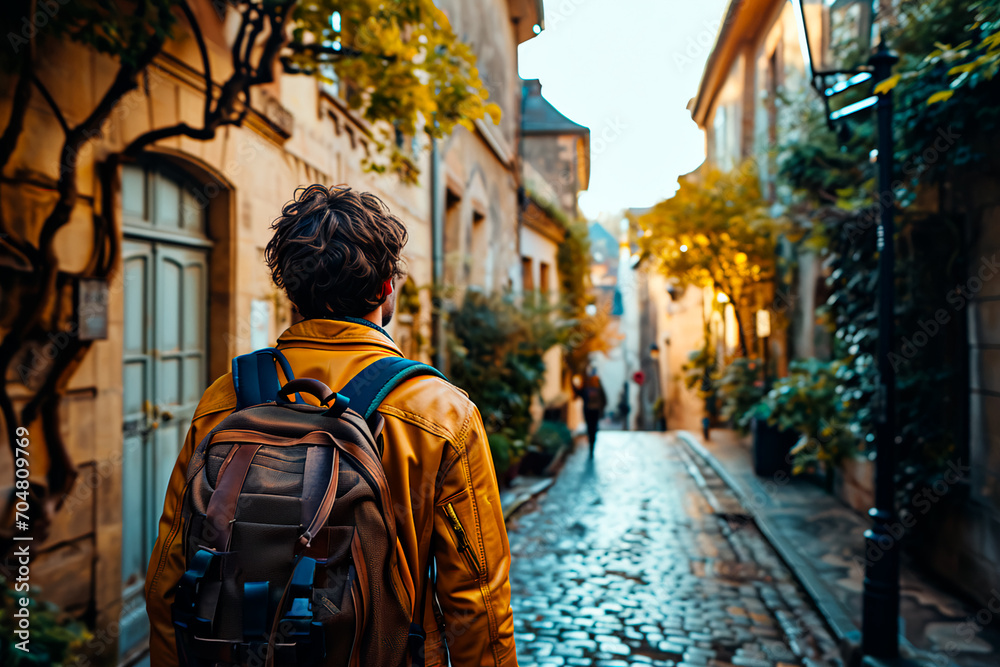 A male traveler, viewed from behind, strolling through the historical streets of a city. Captures the essence of vacation travel.