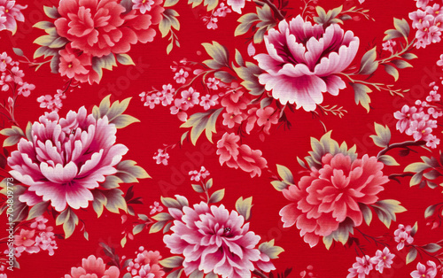 Red floral fabric. Traditional Chinese fabric sample.