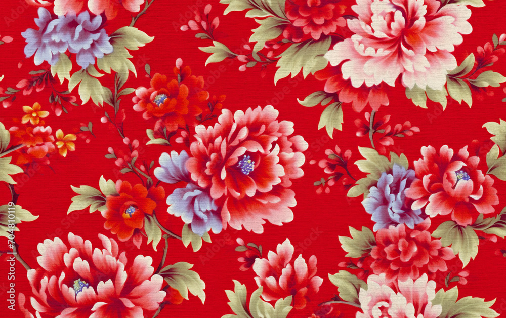 Red floral fabric. Traditional Chinese fabric sample. Red floral fabric. Traditional Chinese fabric sample.