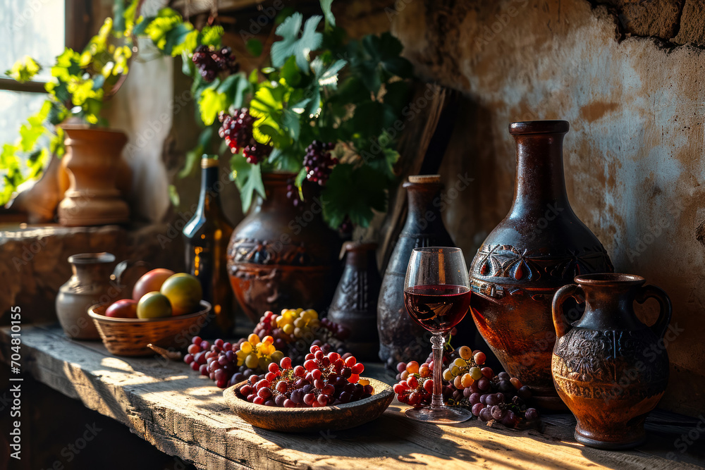 A glass of wine and bunches of grapes on an old table in a distillery, next to traditional clay jugs, time for traveling along popular routes, wine tasting A glass of wine and bunches of grapes on an old table in a distillery, next to traditional clay jugs, time for traveling along popular routes, wine tasting