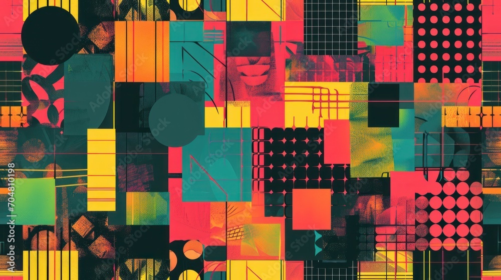 a multicolored pattern of squares, circles, and squares with a woman's face in the center. a multicolored pattern of squares, circles, and squares with a woman's face in the center.