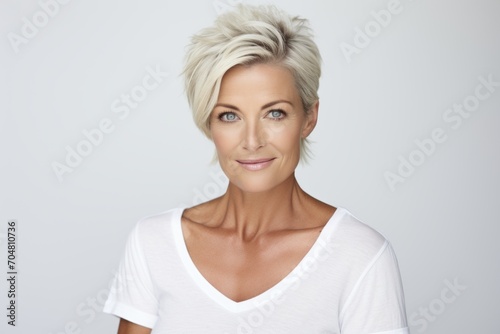 Portrait of a beautiful blonde woman with short haircut, over grey background