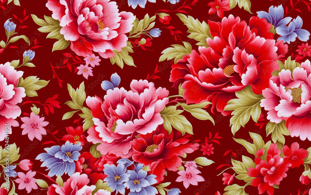 Red floral fabric. Traditional Chinese fabric sample. Red floral fabric. Traditional Chinese fabric sample.