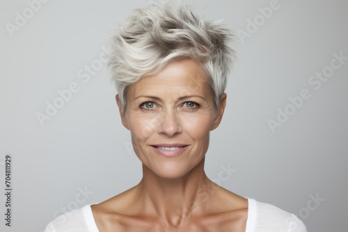 Portrait of happy senior woman with short grey hair  isolated on grey background