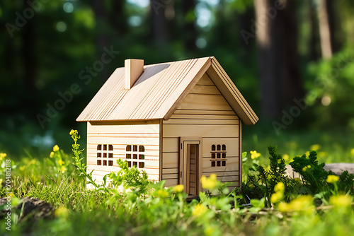 Wooden model of house on grass, summer outdoor, new home concept