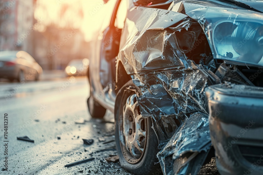 Close-up of a broken car after an accident - obrazy, fototapety, plakaty 