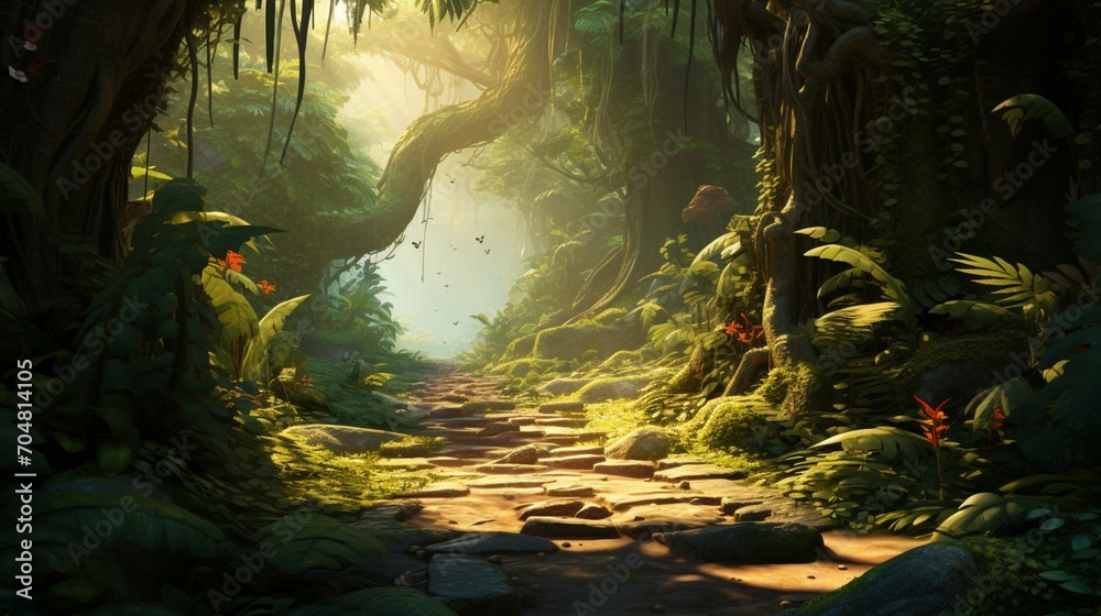 A jungle path leading through dense foliage, inspired by the Jungle Book, with sunlight filtering through the trees and creating a sense of adventure.