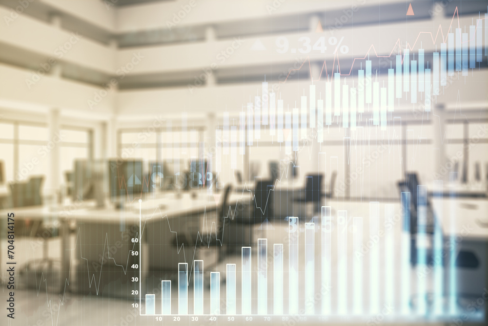 Abstract virtual financial graph hologram on a modern furnished classroom background, financial and trading concept. Multiexposure Abstract virtual financial graph hologram on a modern furnished classroom background, financial and trading concept. Multiexposure
