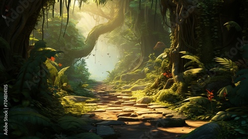 A jungle path leading through dense foliage  inspired by the Jungle Book  with sunlight filtering through the trees and creating a sense of adventure.