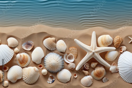 In a close-up view, a starfish and seashells rest delicately on the sandy shore, forming an intricate and picturesque coastal composition.