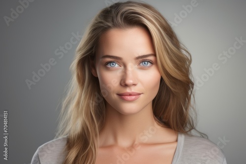 Beautiful young woman with long blond hair and blue eyes. Studio shot.