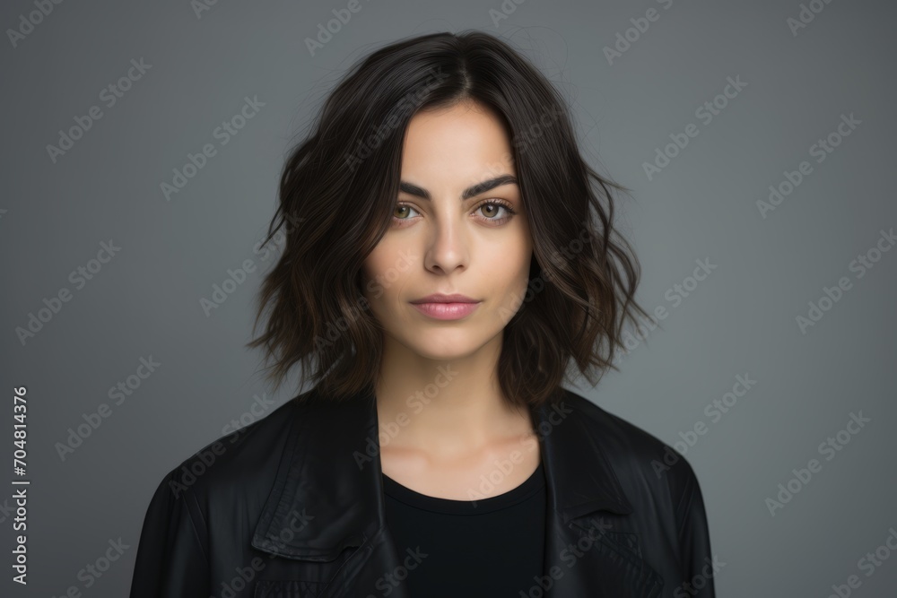 Portrait of a beautiful brunette woman in a black leather jacket