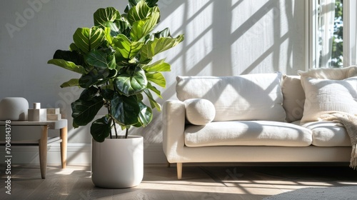  a living room with a white couch and a large green plant in a white pot on the side of the couch.