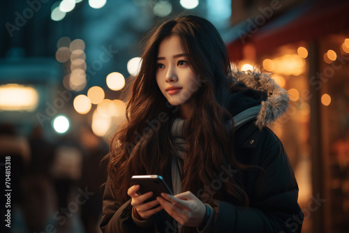 Asian Woman Gazes at Phone on Winter Street