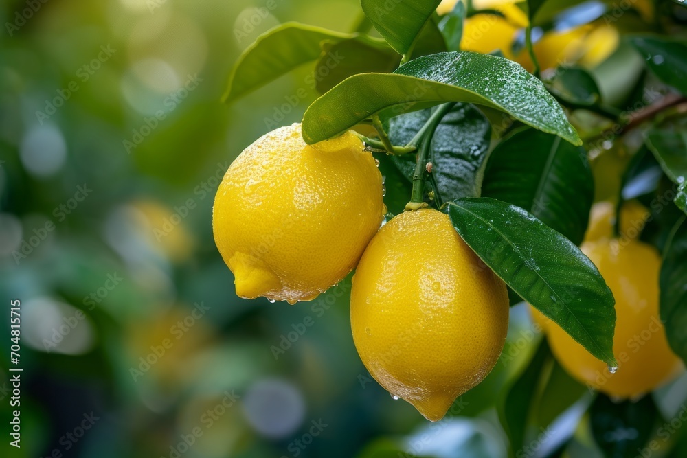 Lemons on a branch with leaves