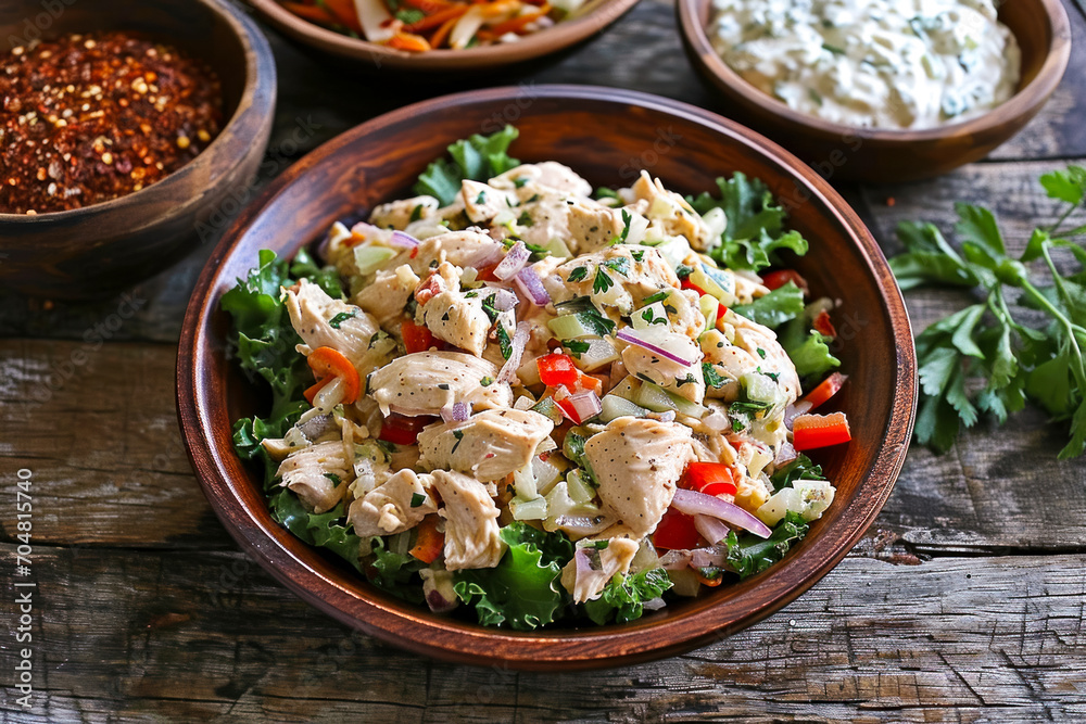 Chicken salad with onions, mayonnaise and spices on an old wooden table, lunch time in a traditional cafe while traveling along popular tourist routes in Georgia, menu idea Chicken salad with onions, mayonnaise and spices on an old wooden table, lunch time in a traditional cafe while traveling along popular tourist routes in Georgia, menu idea