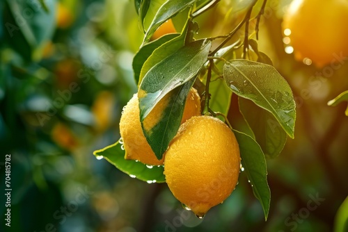Lemons on a branch with leaves