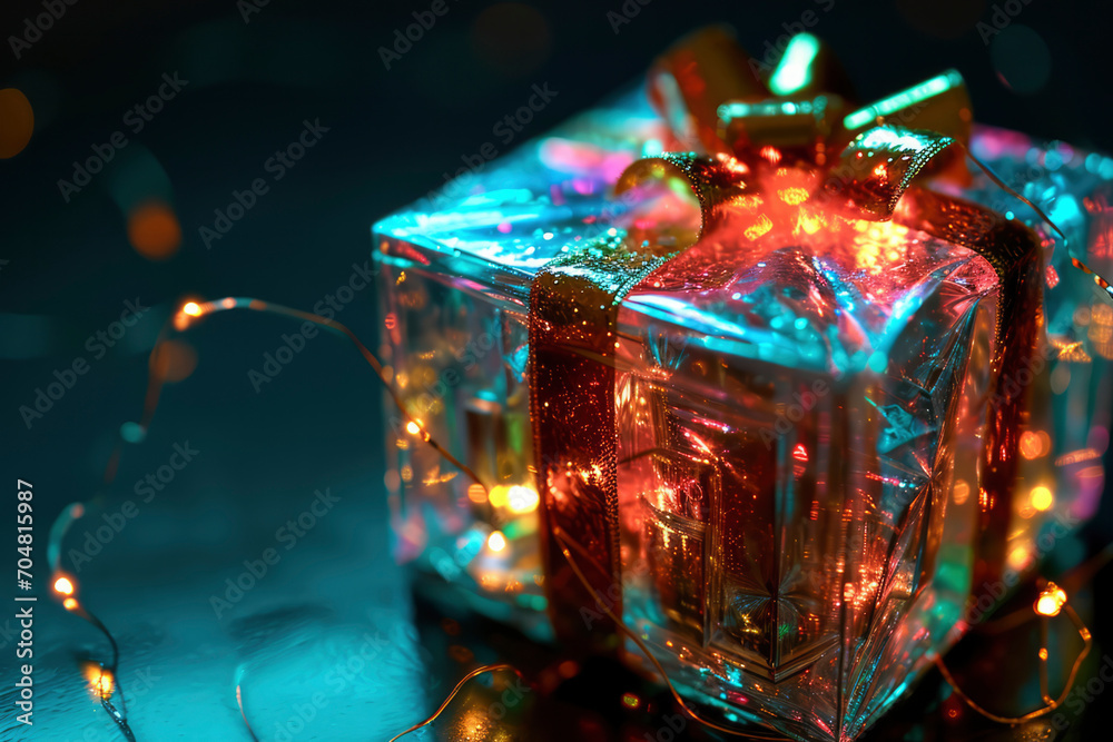 Glowing gift box in neon style on a black background Glowing gift box in neon style on a black background