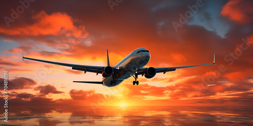 airplane in the sunset,Airborne aircraft during sunset ,Silhouette of large commercial airplane taking off at sunset generated ,flying commercial airplane taking off at sunset with drama,airplane flyi