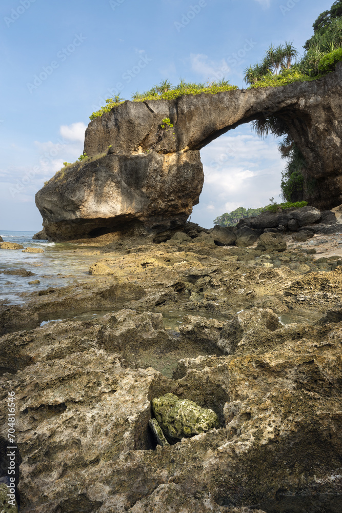 Natural bridge arch at the rocky scenic coast of a tropical Shaheed Dweep or Neil island of Andaman and Nicobar archipelago Natural bridge arch at the rocky scenic coast of a tropical Shaheed Dweep or Neil island of Andaman and Nicobar archipelago