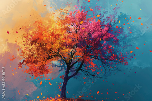 Elegant colorful tree with vibrant leaves hanging branches illustration background.