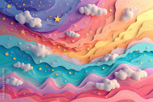 Kawaii Fantasy Pastel Colorful Sky with Clouds and Stars Background in a paper cut photo