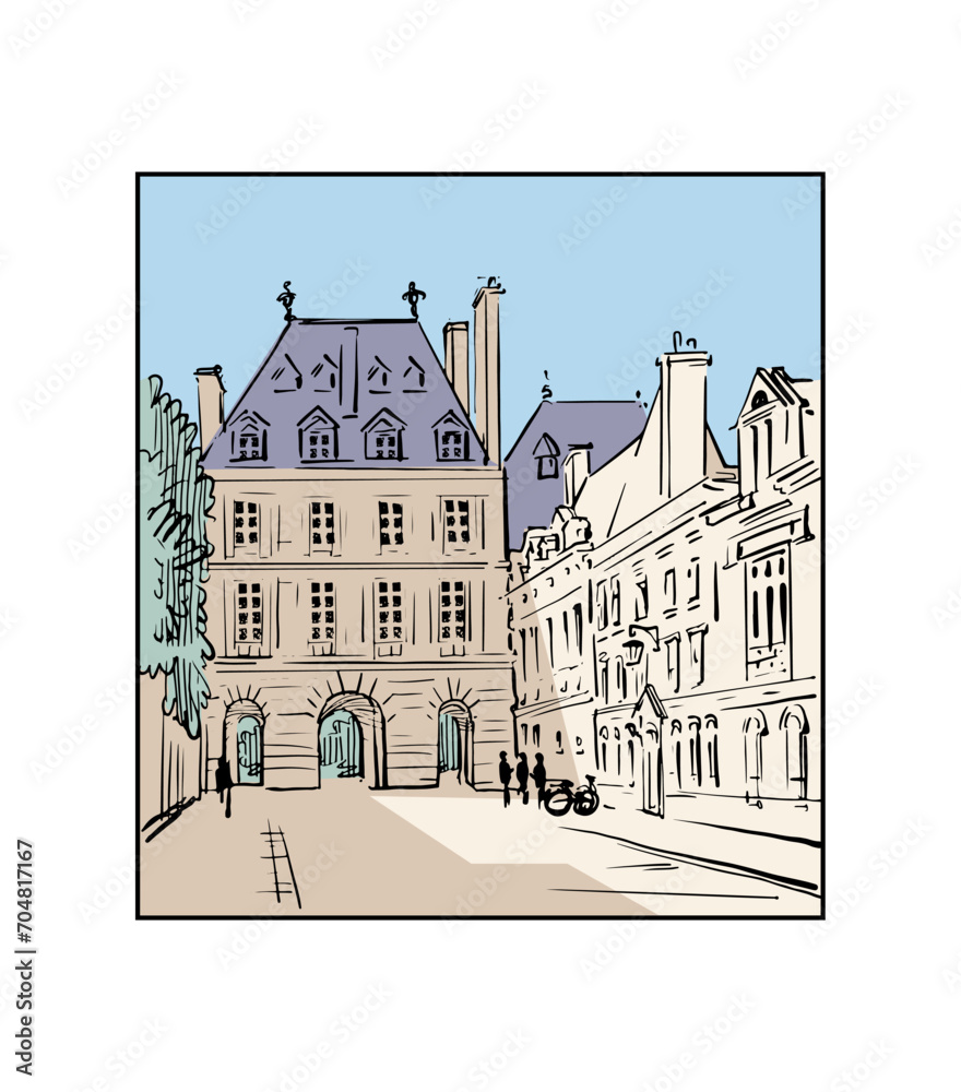 Street view of the old town in France, Europe, vector drawing. 