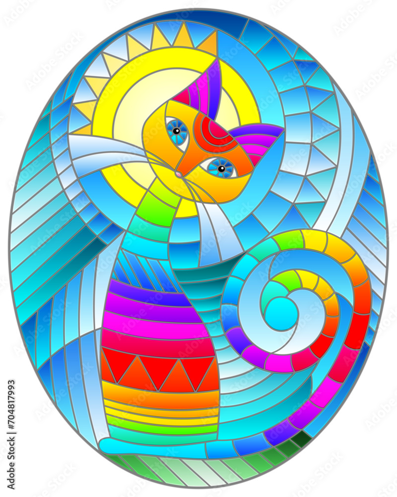 Fototapeta premium Illustration in stained glass style with abstract geometric cat and the sun on an abstract blue background, oval image