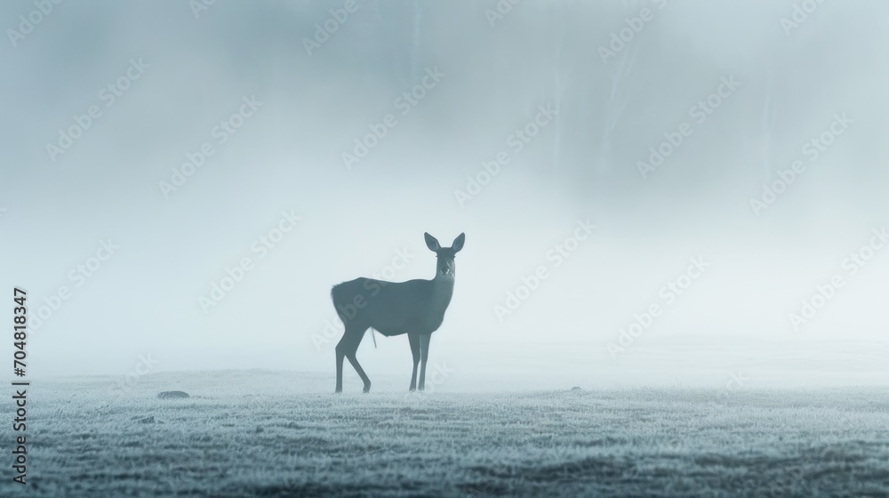 a deer standing in the middle of a field in the middle of a foggy day with trees in the background. a deer standing in the middle of a field in the middle of a foggy day with trees in the background.