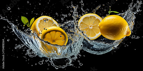 lemon in water splash, A bowl of lemons is filled with water and the lemons are being thrown out of Atwater splash on fresh lemon and tea leaves isolated on green  photo