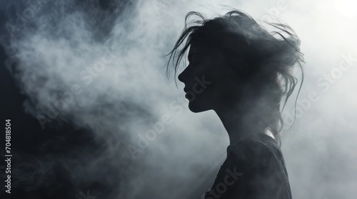  a silhouette of a woman with her hair blowing in the wind on a foggy day in a black and white photo.