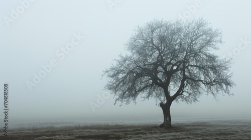  a lone tree in the middle of a field on a foggy, dreary, and dreary day.