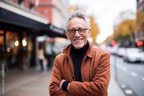 Portrait of happy senior man standing with arms crossed in the city
