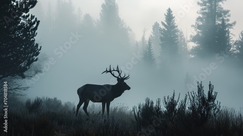 a deer standing in the middle of a forest on a foggy day with lots of trees in the background.
