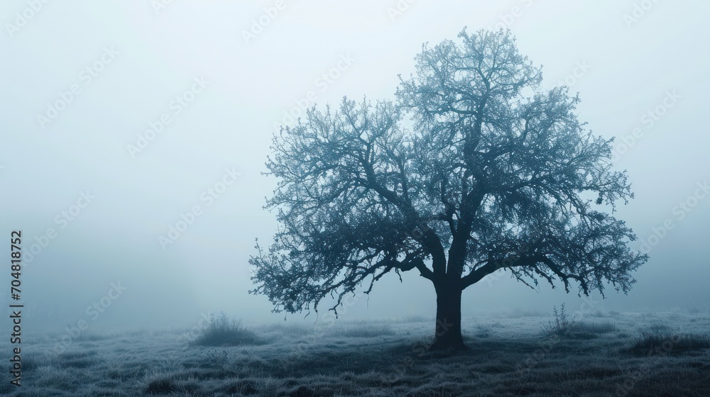 a lone tree in the middle of a foggy field with a few birds hanging from it's branches. a lone tree in the middle of a foggy field with a few birds hanging from it's branches.