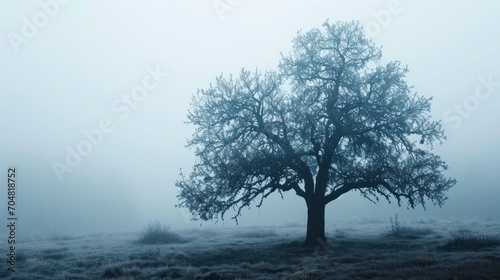  a lone tree in the middle of a foggy field with a few birds hanging from it's branches. © Olga