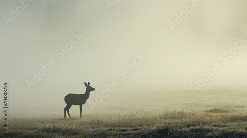  a deer standing in the middle of a field on a foggy day with the sun shining through the fog.