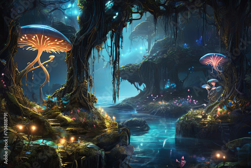 Fototapeta Naklejka Na Ścianę i Meble -  Enchanting Pandora night. Bioluminescent forest with glowing plants, creatures, woodsprites. Serene scene evoking an otherworldly landscape.