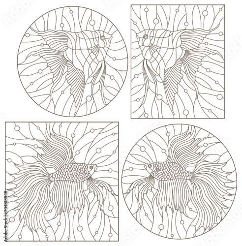 Set contour illustrations in the stained glass style aquarium fish fish cock and scalars , dark contours on white background