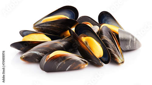 Delicious cooked mussels in shells on white background, top view.