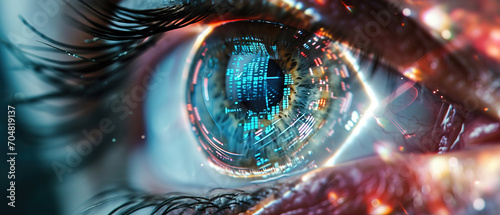 closeup of a human eye with virtual hologram elements for surveillance and digital ID verification or Lasik vision laser correction as wide banner with copy space area #704819137