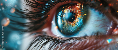 closeup of a human eye with virtual hologram elements for surveillance and digital ID verification or Lasik vision laser correction as wide banner with copy space area