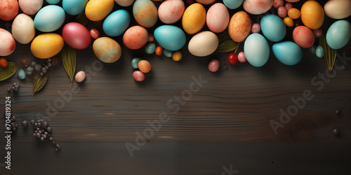 Easter rustic banner with eggs  leaves and fruits lying on dark wooden table with place for text.