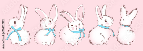 Vector hand-drawn isolated character cute white rabbit with a blue ribbon and bow on his neck in different angles on a pink background.