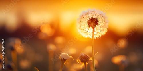 flower in the morning AI generated Dandelions in sunlight close-up summer background. Ai generated Dandelion seeds blowing in the wind Landscape with dandelion field and sunset bokeh background genera